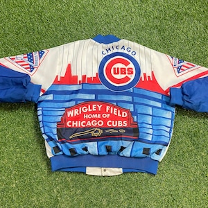 Vintage Chicago Cubs Letterman Satin Jacket Chalk Line Made USA Size Large L MLB Bomber Varsity All Over Print Illinois 1990s 90s