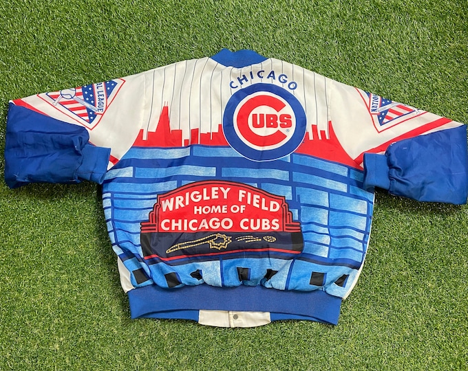 Vintage Chicago Cubs Letterman Satin Jacket Chalk Line Made USA Size Large L MLB Bomber Varsity All Over Print Illinois 1990s 90s