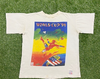Camiseta Vintage World Soccer USA 1994, da Salem Sportswear, fabricada nos EUA, tamanho médio (M), inspirada no futebol americano dos anos 90. Peter Max