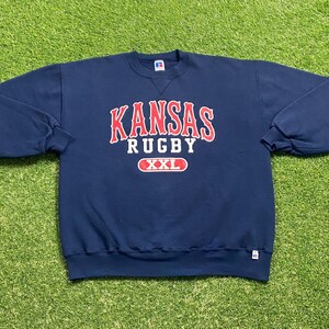 Vintage University of Kansas Crewneck Sweatshirt Made USA Size Xtra Large XL NCAA College Rugby Classic Jayhawks 1990s 90s Pull Over