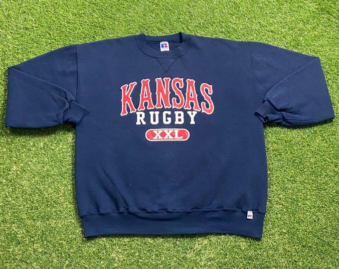 Vintage University of Kansas Crewneck Sweatshirt Made USA Size Xtra Large XL NCAA College Rugby Classic Jayhawks 1990s 90s Pull Over