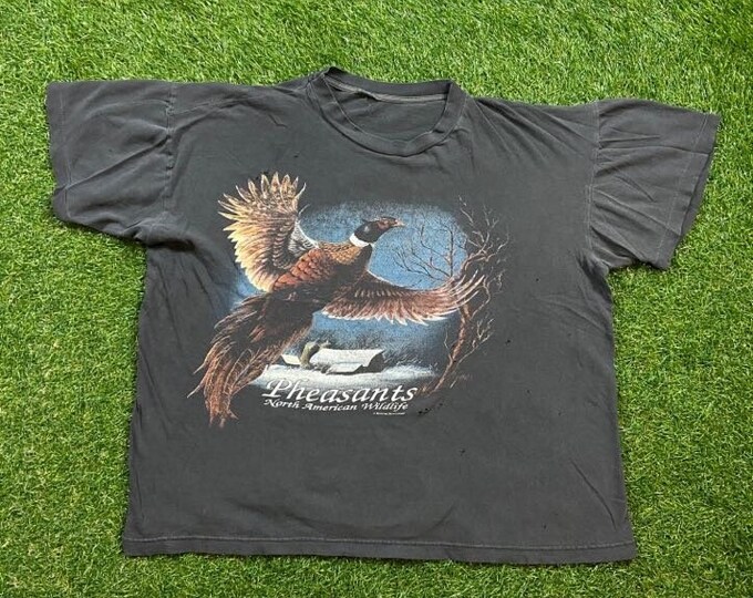 Vintage Pheasants North American Wildlife T Shirt Tee Size Large L Birds Animals Habitat Nature All Over Print Art Cool
