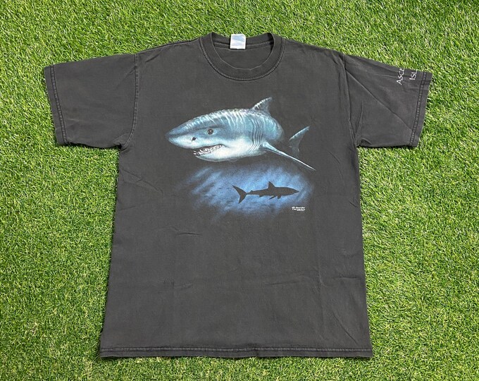 Vintage Sharks T Shirt Tee Size Medium M Ascension Island Atlantic Ocean Sea Life Sea World Planet Ocean 1990s 90s All Over
