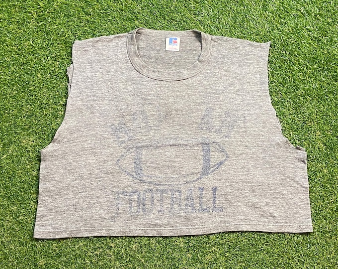 Vintage Gray Football Crop Top T Shirt Tee Russell Athletic Made USA Size Large L NFL Football 1990s 90s