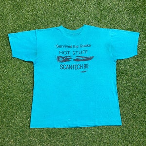Vintage Hot Stuff Scan Tech 89 T-shirt T-shirt maat groot Ik overleefde het Quake Food Festival jaren 80 en 80