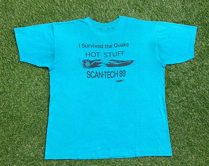 Vintage Hot Stuff Scan Tech 89 T Shirt Tee Size Large I Survived the Quake Food Festival 1980s 80s