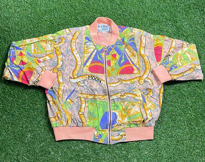 Vintage Multicolor Bomber Jacket Mulberry Street Size Medium M Quality Great Fit Classic Artsy Fashion 1990s 90s