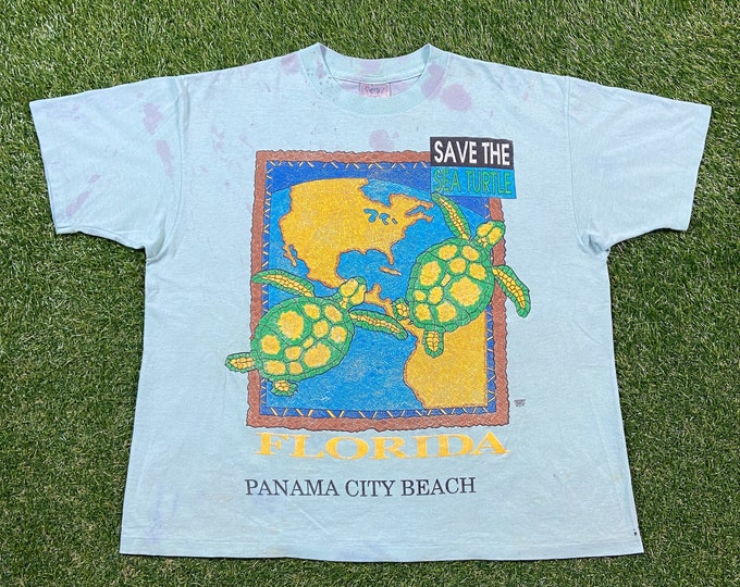 Vintage Save Sea Turtle T Shirt Tee Delta Made USA Size Xtra Large XL Panama City Florida Planet Ocean Earth Day Green Sea Animals 1990s 90s