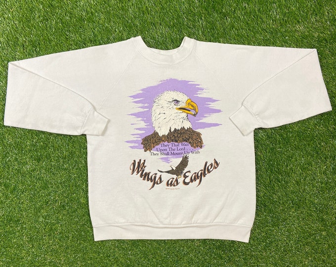 Vintage Wings as Eagles 1989 Crewneck Sweater Fruit of the Loom Made USA Size Medium M USA Pull Over Oversized Jesus Bible Faith Lord