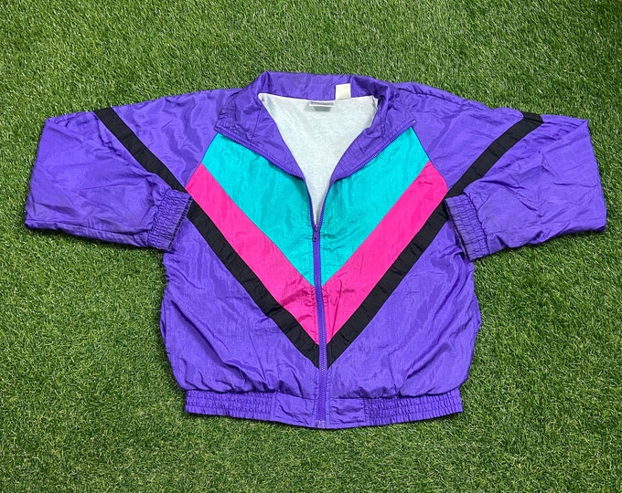 Vintage Graphic Windbreaker Zip Up Jacket Long Street Size Medium M Multicolor Streetwear Sport Active Wear Classic Light Rain Coat 1990s