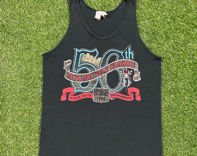 Vintage 50th Motorcycle Classic Tank Top Shirt Made USA Size Medium M Sturgis 1996 Black Hills South Dakota Harley Davidson HOG Motorcycle