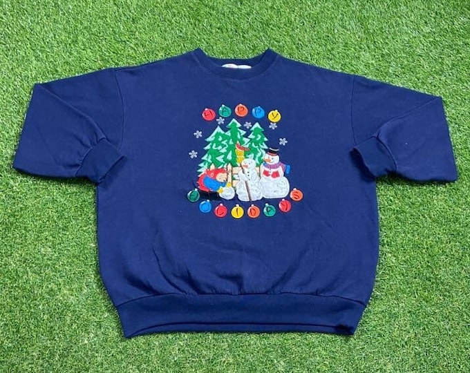 Ugly Christmas Crewneck Sweater Vintage Tacky Holiday Party Merry Santa Claus Classic Holidays Size Large Xmas Classic Snowmen 1990s