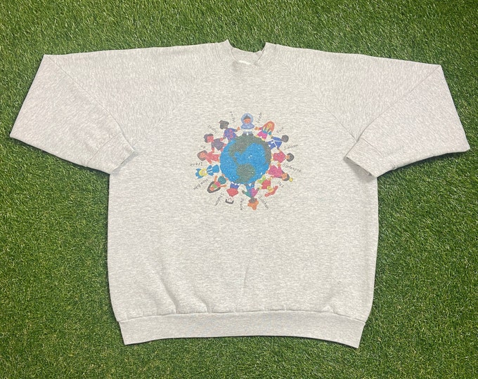 Vintage Peace Crewneck Sweatshirt Made USA Size XL Children Humanity Community Love Environment Green Day Planet Earth Classic 1990s 90s