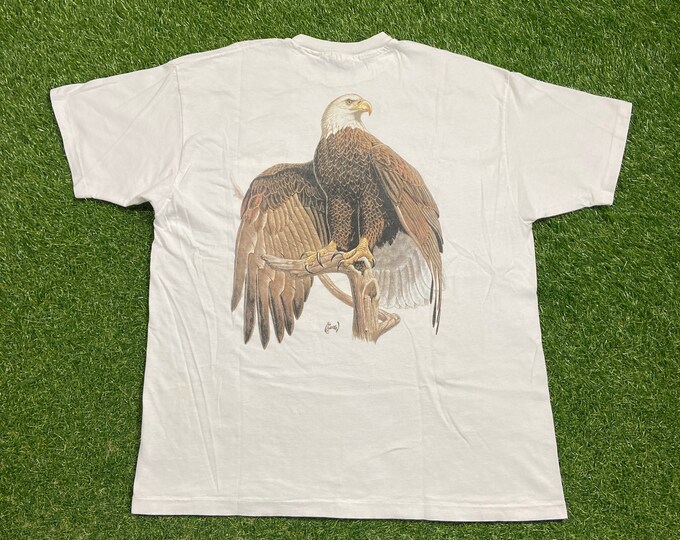 Vintage Forest and Stream T Shirt Tee Hanes Made USA Size Xtra Large XL American Bald Eagle Animals Habitat All Over Print Cool 1990s 90s