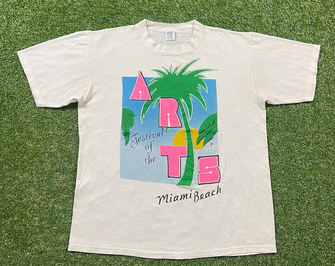 Vintage Festival of the Arts Miami Beach T Shirt Tee Jerzees Made USA Size XXL 2XL Island Palm Trees Tropical Beach Art Basel Florida 1990s