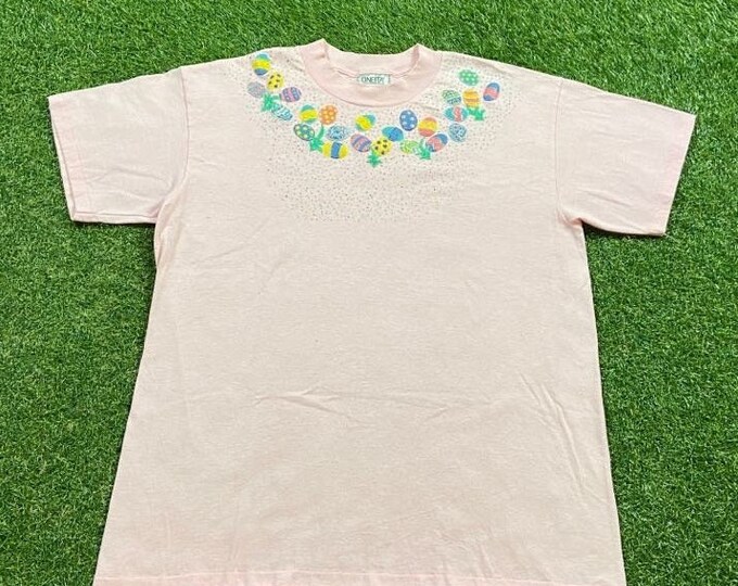 Vintage Easter T Shirt Tee Oneita Made USA Size Large L Quality 80s 1980s Easter Sunday Bunny Eggs Art Colorful All Over Color