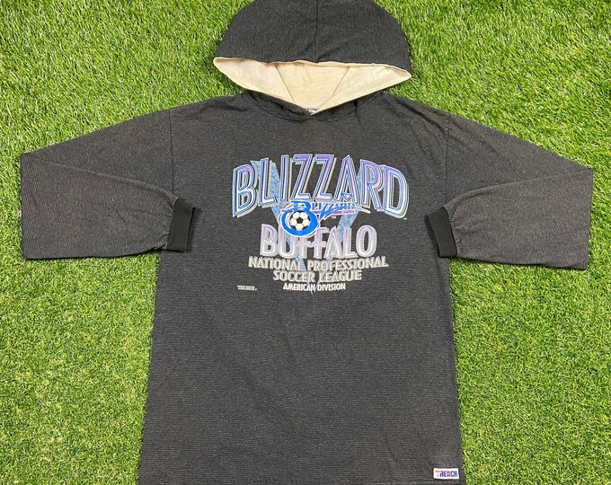 Vintage Blizzars Buffalo Hoodie Sweatshirt Trench Made USA Size Large L Soccer Football 1990's 90s Big Logo MLS Pull Over Oversized Futbol