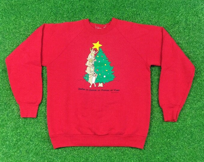 Ugly Christmas Sweater Vintage Holiday Party Merry Santa Classic Large Xmas 80s Santa's Reindeers Decorating Tree 1989 Funny Sweatshirt