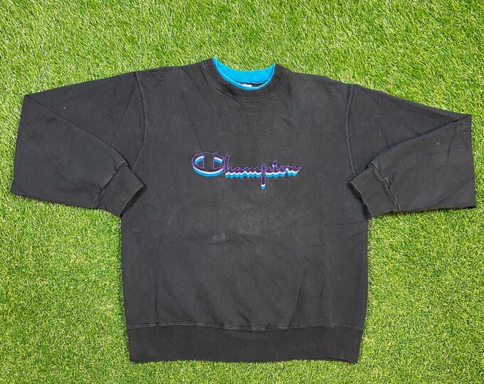Vintage Black Champion Crewneck Sweatshirt Size Large L Quality 1990's Oversized Great Fit Made USA Original 90s Pull Over Embroidered