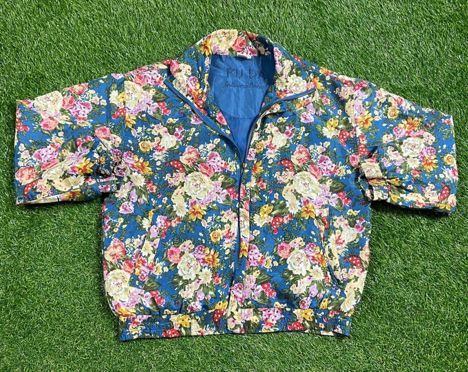 Vintage Floral Jacket Fuda International Size Small S Gardening Love Bees Caterpillars Butterflies Nature Plants 1990s 90s