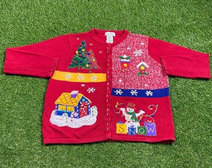 Ugly Christmas Cardigan Sweater Vintage Tacky Holiday Party Merry Santa Classic Size Large L Xmas Tree 90s 80s Snowmen Classic Hand Knit