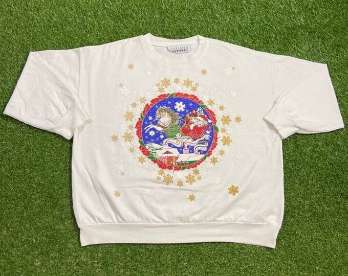 Ugly Christmas Sweater Sweatshirt Gifts Vintage Tacky Holiday Party Merry Santa Claus Classic 80s 90s Xmas Tree Size Large L Pull Over