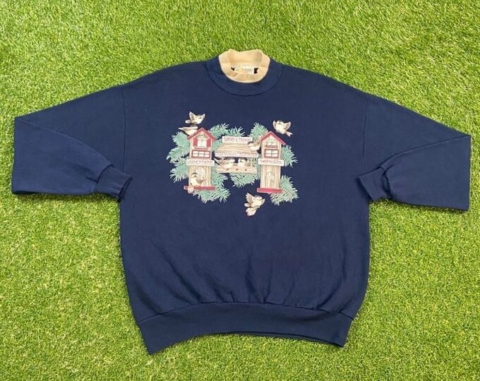 Vintage Tiny Birds Crewneck Sweatshirt Jerzees Xtra Large XL Mountain Animals Habitat All Over Print Art Cool Pull Over 1990s 90s Grandma