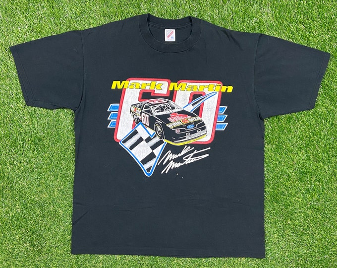 Vintage Mark Martin 6 T Shirt Tee Jerzees Made USA Size Xtra Large XL NASCAR 1990s 90s All Over Racing Sweater Drivers Seat Classic Car