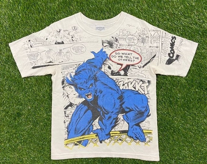 Vintage X Men Beast T Shirt Tee Fun Stuff NY Marvel Comics Made USA Size Kids 14/16 Fits like XS 1990s Superhero Mega All Over 90s Youth All