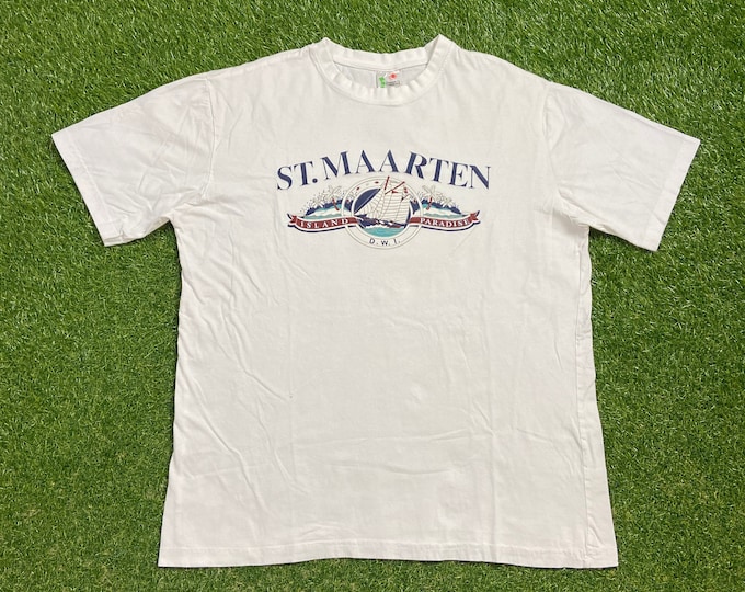 Vintage St Marteen T Shirt Tee Size Xtra Large XL Caribbean Sea Islands Vacation Beautiful Island Beach VTG 80s 90s All Over Print 1990s