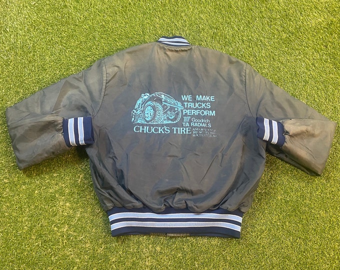 Vintage Chuck's Tire Bomber Jacket Holloway Made USA Size Large L Truck Company Truckers Shipping Receiving 1990s 90s