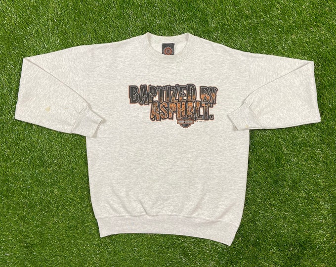 Vintage Harley-Davidson Baptized by Asphalt Crewneck Sweater Size Medium Pull Over Comfy Cozy Warm Oversized 80s 90s Truckers Biker Rare