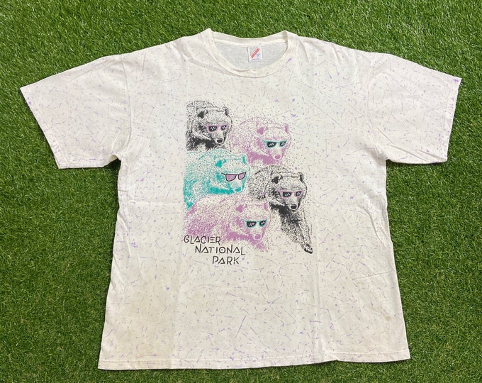 Vintage Glacier National Park T Shirt Tee Jerzees Made USA Size Xtra Large XL Bears Mountain Montana Canadian Border 1990s 90s
