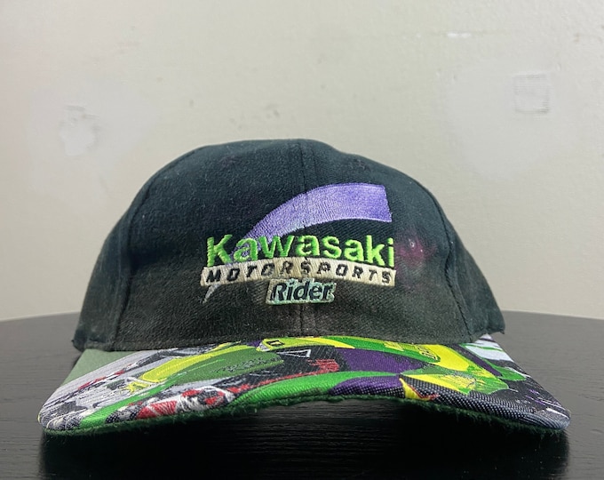 Vintage Kawasaki Racing Strap Back Hat Head to Toe OSFA Harley HOG 3D Motorcycle Biker 1990s 90s