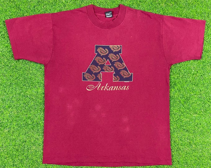 Vintage Arkansas Razorbacks Spell Out Tee T Shirt NCAA Tshirt XL Medium Best Made in USA 80s Basketball 1980s 80s