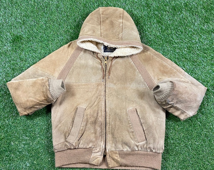 Vintage Brown Leather Jacket Hooded Size 42 Genuine Leather American Apparel Cozy Very Warm Coat Insulated Sherpa 1980s 80s