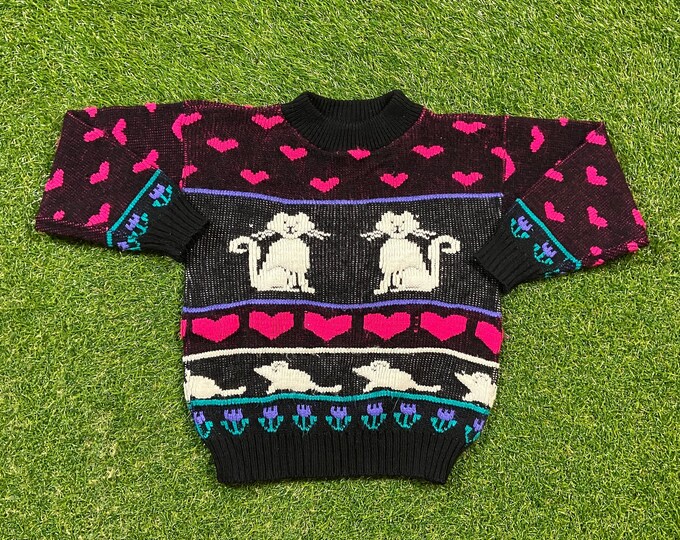 Vintage Multicolor Knitted Crewneck Sweater Size Youth Small S Cats Quality Cool Pattern Warm Winter Fashion Pull Over Oversized 1990s