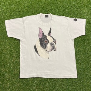 Vintage Hunde Portrait T Shirt T Shirt Fruit of the Loom Made USA Large L Hunde welpe Rasse 1990er 90er Boston Terrier