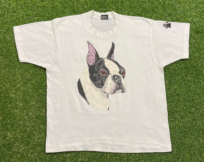 Vintage Dog Portrait T Shirt Tee Fruit of the Loom Made USA Size Large L Dog Puppy Breed 1990s 90s Boston Terrier