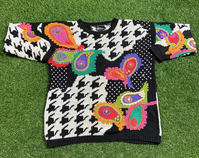 Vintage Multicolor Knitted Crewneck Sweater Size Medium M Quality Warm Winter Fashion Pull Over Oversized 1980s 80s