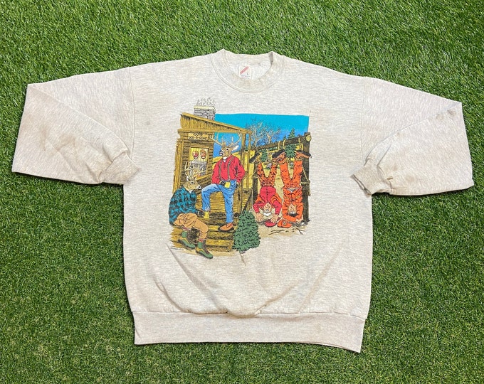 Vintage Deer Cartoon Crewneck Sweatshirt Made USA Size Large L The Far Side Graphic Comic Strip Book Original 1990s 90s Pull Over Oversized