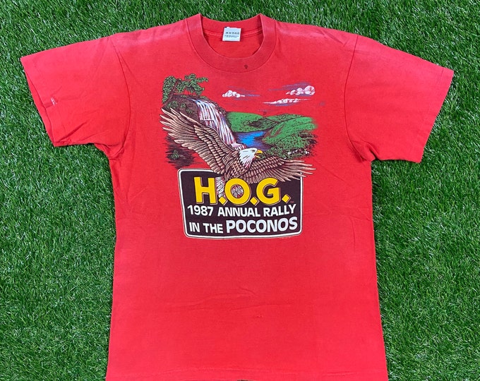 Vintage Harley Davidson 1987 Rally Poconos Pennsylvania HOG T Shirt Made USA Size Large 3D Motorcycle Truckers Biker L 1980s 80s