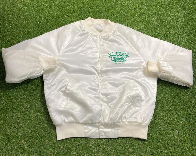 Vintage Woody Sports Cafe Bomber Jacket Westark Made USA Size Large L Texarkana Texas Sports Bar Quality Classic Comfortable Great Fit 1990s