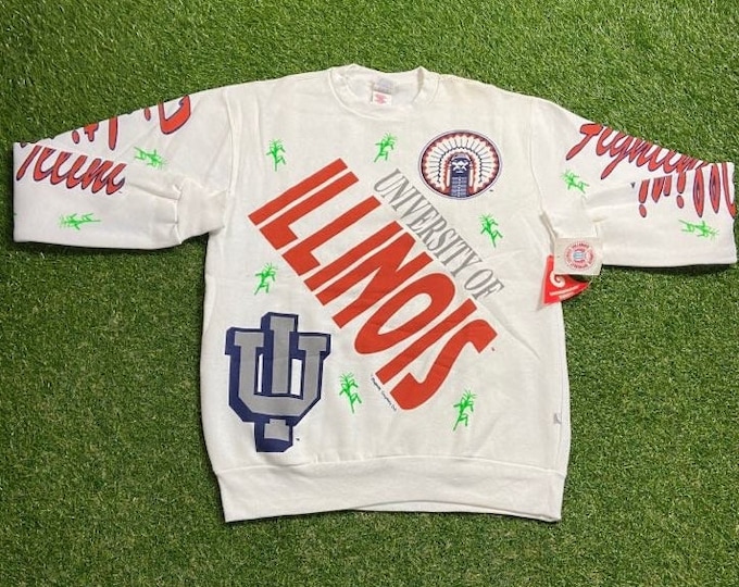 Vintage University of Illinois Crewneck Sweatshirt Made USA Size Large L NCAA College Basketball Fighting Illini Classic Chief Pull Over 90s