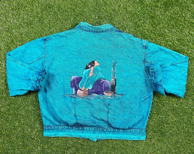 Vintage Indigenous Jean Jacket Size Large Classic Button Down Native American Tribe 1990s 90s