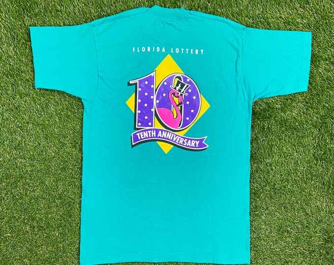 Vintage Florida Lottery Tenth Anniversary T Shirt Tee Fruit of the Loom Size Large L FL Flamingoes