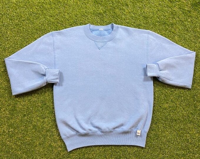 Vintage Plain Blue Russell Athletic Crewneck Sweatshirt Size Small S Quality 1990's Oversized Comfy Great Fit Original 90s Pull Over