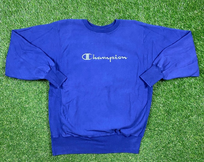 Vintage Royal Blue Champion Reverse Weave Crewneck Sweatshirt  Xtra Large XL Quality 1990's Oversized Fit Made USA Original 90s Pull Over