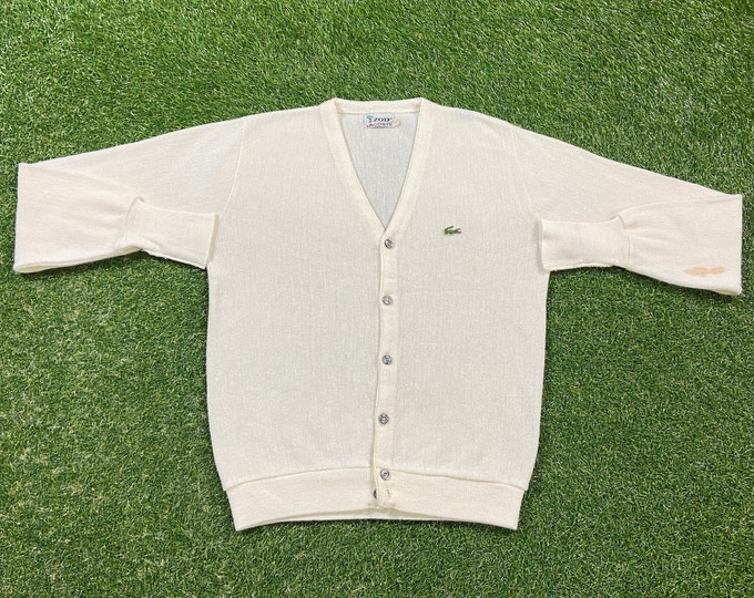 Vintage Lacoste Izod Cardigan Sweater Size Large L White 1980s 80s Crocodile Designer Paris Streetwear Comfy Button Down Blue Croc