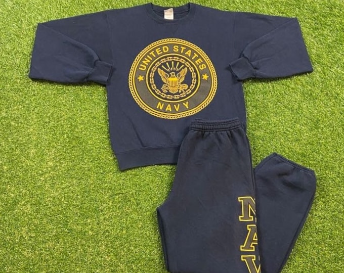 Vintage United States Navy Sweat Suit Sweatshirt Pants Made USA Size Small S Marines Army United States Military Veteran Sea Sweat Set 90s